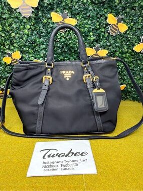 Prada Black Nylon Tote with Gold-Tone Logo & Accents